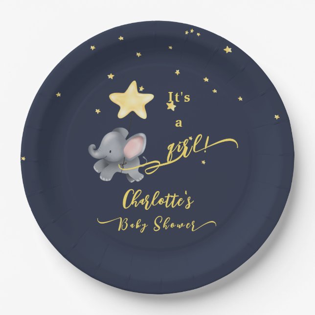 Plato De Papel It's a Girl! Baby Shower Cute Elephant & Balloon (Anverso)