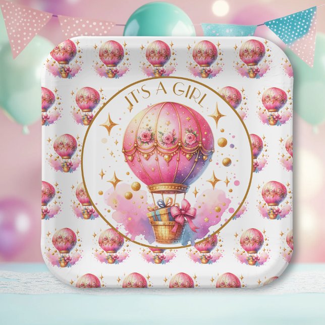 Plato De Papel It's a Girl | Baby Shower de globo aerostático ros (Subido por el creador)