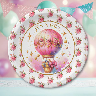 Plato De Papel It's a Girl Baby Shower de globo aerostático ros