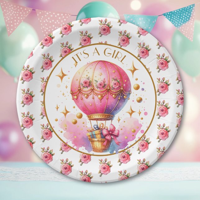 Plato De Papel It's a Girl | Baby Shower de globo aerostático ros (Subido por el creador)