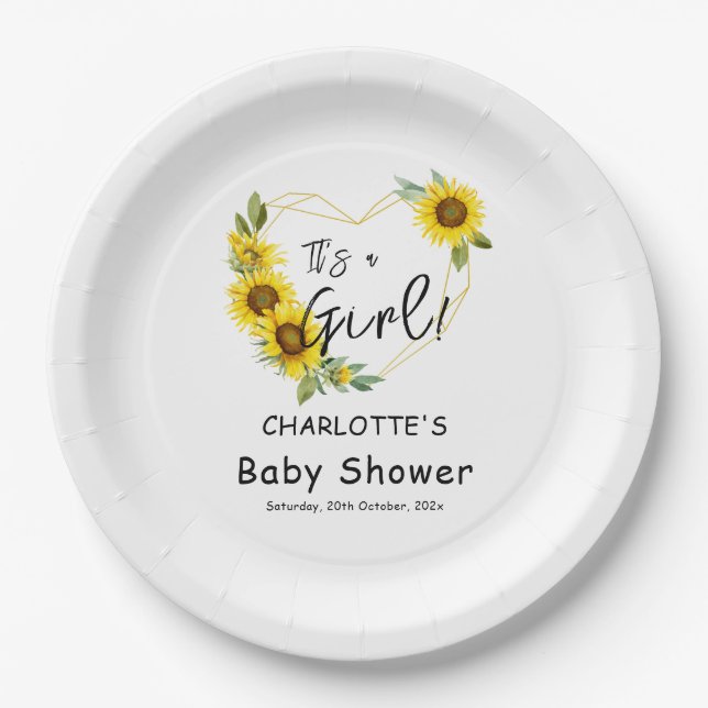 Plato De Papel It's a Girl! Baby Shower de marco de girasoles (Anverso)
