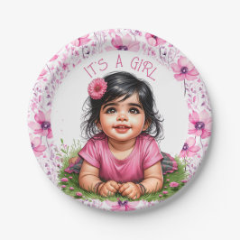 Plato De Papel It's a Girl | Chica Floral Rosa Baby Shower
