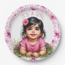 Plato De Papel It's a Girl | Chica Floral Rosa Baby Shower