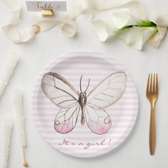 Plato De Papel It's a Girl! Mariposa dulce Rubor | Bebé (Boda)