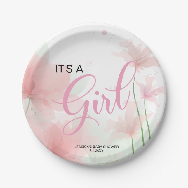 Plato De Papel It's a Girl Soft Blush Pink Flowers  (Anverso)