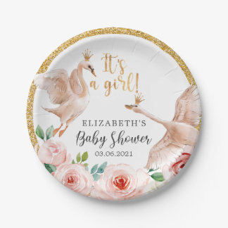 Plato De Papel It's a Girl! Watercolor Swans Baby Shower