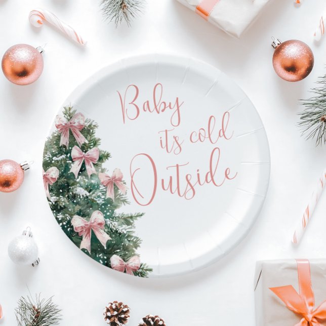 Plato De Papel It's Cold Outside Winter Pink Bow Girl Baby Shower (Subido por el creador)