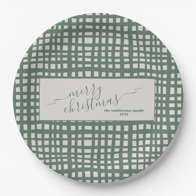 Plato De Papel Ivory and sage green checkered Christmas (Anverso)