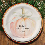 Plato De Papel Ivory Bow Little Pumpkin Baby Shower<br><div class="desc">Una calabaza linda,  atada con una elegante cinta de marfil,  destaca estos placas de papel para bebé neutros en dos tamaños,  con el nombre de la futura madre y la fecha de la ducha para bebé. (Disponible también en rosa y azul). COINCIDIENDO elementos de nuestra colección.</div>