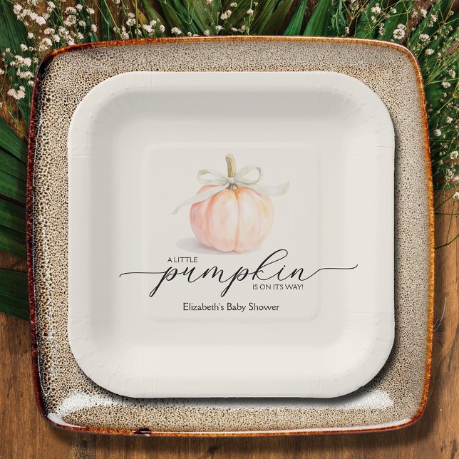 Plato De Papel Ivory Bow Little Pumpkin Baby Shower (Ivory Bow Little Pumpkin Gender Neutral Baby Shower Square Paper Plates)
