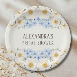 Plato De Papel Ivory Floral Blue Hydrangea Garden Bridal Shower
