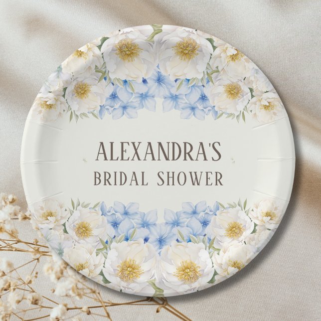 Plato De Papel Ivory Floral Blue Hydrangea Garden Bridal Shower (Subido por el creador)