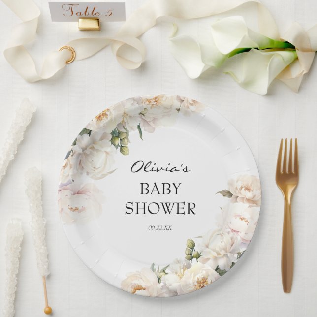 Plato De Papel Ivory Peony Floral Garden Neutral Baby (Boda)