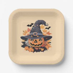 Plato De Papel Jack-o-Lantern en Halloween, Gorra de brujas