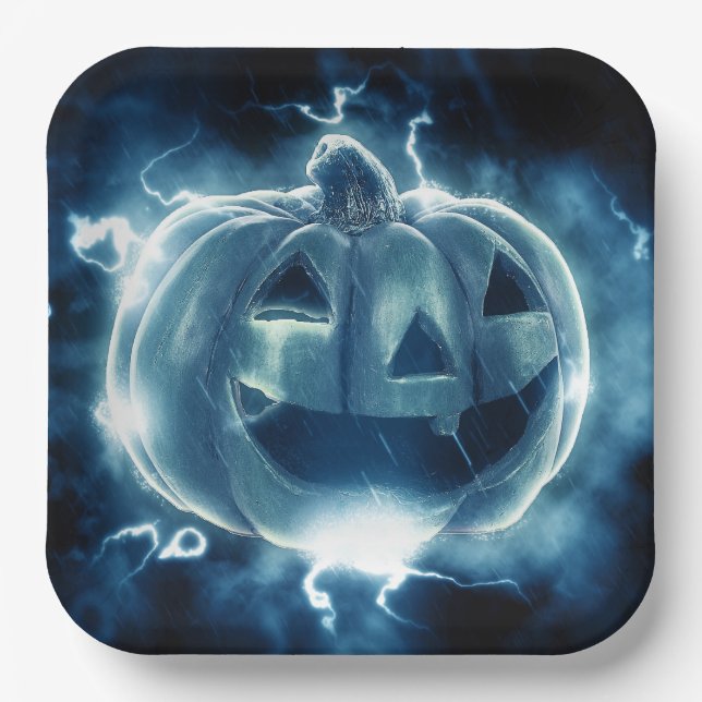 Plato De Papel jack-o-lantern en la lluvia (Anverso)