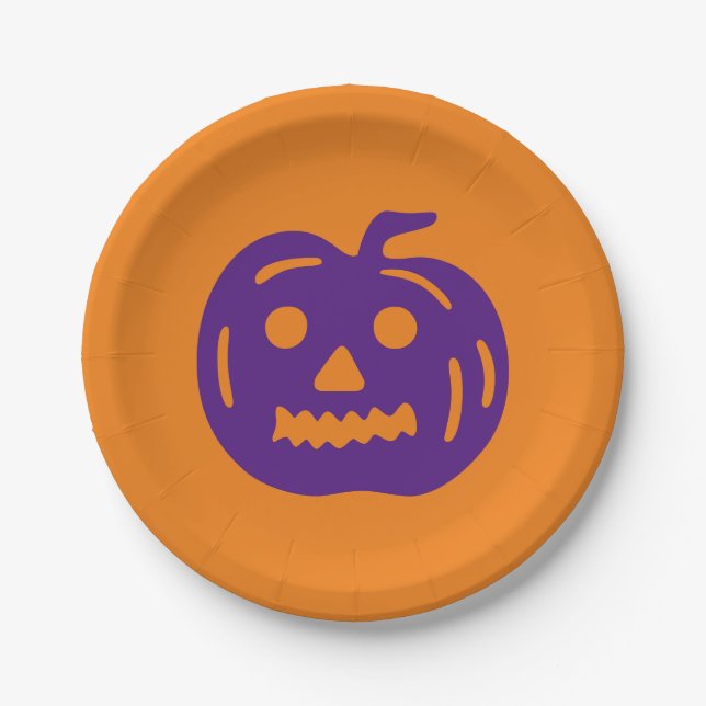 Plato De Papel Jack o lantern morado y naranja de Halloween (Anverso)