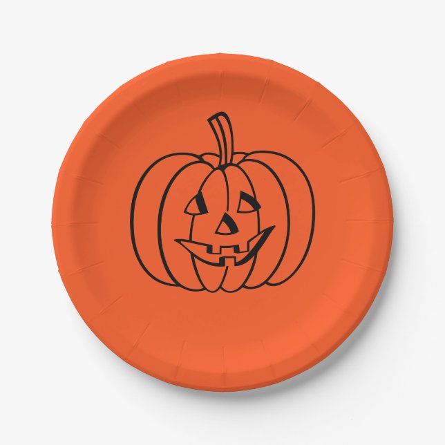 Plato De Papel Jack-o-Lantern, Naranja de calabaza de Halloween (Anverso)