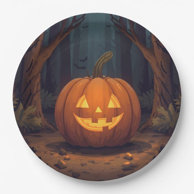 Plato De Papel Jack O' Lantern Resplandeciente En El Bosque (Anverso)