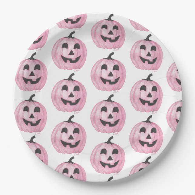 Plato De Papel Jack-O-Lantern rosa (Anverso)