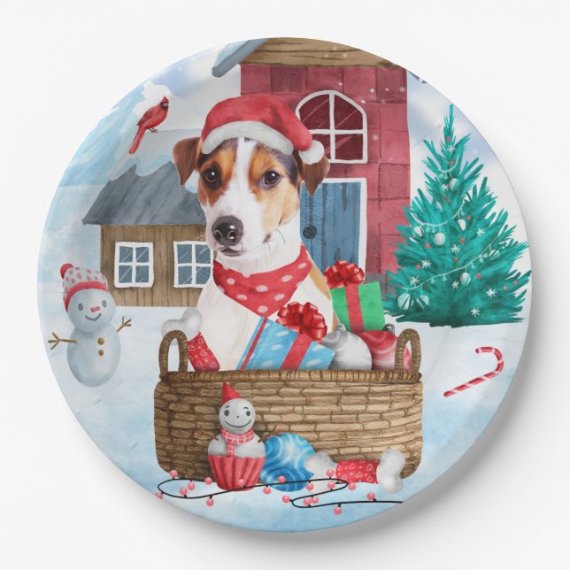 Plato De Papel Jack Russell Dog En La Casa De Perros De Navidades (Anverso)