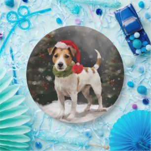 Plato De Papel Jack Russell Dog en Navidades de nieve