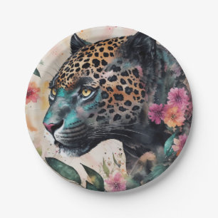 Plato De Papel Jaguar Watercolor Floral Art