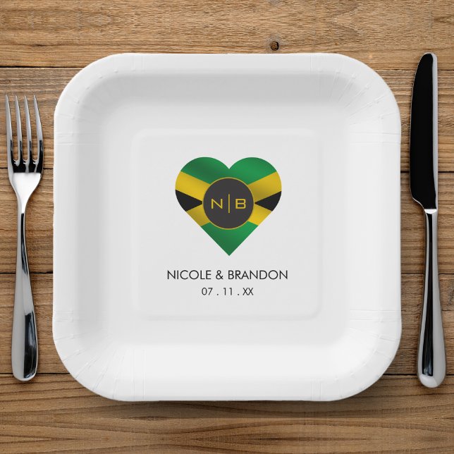 Plato De Papel Jamaica: Boda del Monograma de Bandera Jamaiquina (Jamaica Jamaican Flag Heart Monogram Wedding Paper Plates)