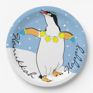 Plato De Papel Janucá Pingüino Feliz