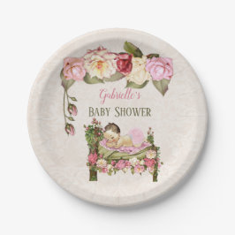 Plato De Papel Jardín Baby Shower Bed Rosas Chica Marfil Rosa