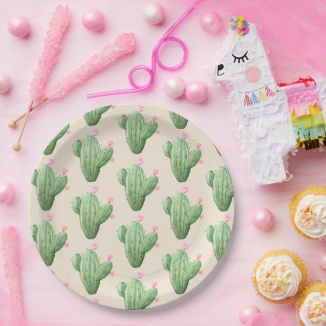 Plato De Papel Jardín de Cactus en Acuarela para Despedida de Sol (Fiesta)