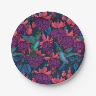 Plato De Papel Jardín de colibrís en morado y azul