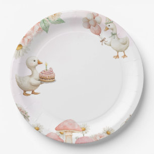 Plato De Papel Jardín de flores de hongo Silly Goose cumpleaños 1