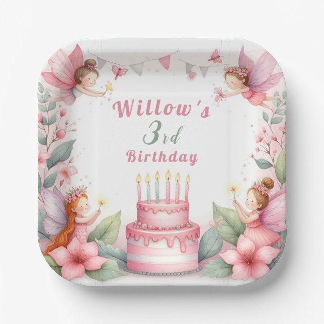 Plato De Papel Jardín de hadas rosadas encantadas - Cumpleaños (Anverso)