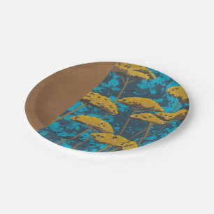 Plato De Papel Jardín de la milenrama de oro con el fondo azul