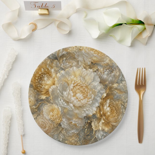 Plato De Papel Jardín de Marfil Dorado (Boda)