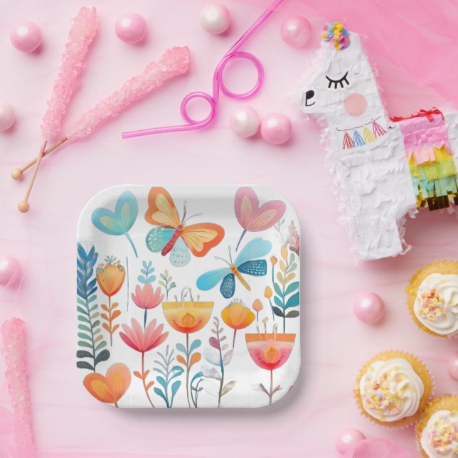 Plato De Papel Jardín de mariposas 1 (Fiesta)