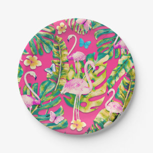 Plato De Papel Jardín de mariposas botánicas tropicales Flamingos