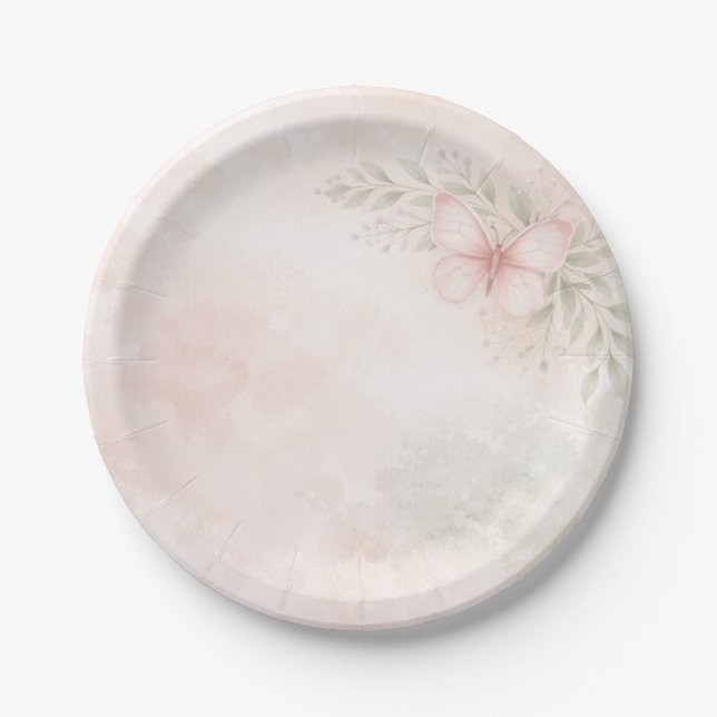 Plato De Papel Jardín de mariposas con flores elegantes (Anverso)
