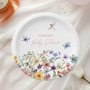 Plato De Papel Jardín de Mariposas de Flores Silvestres Baby Show