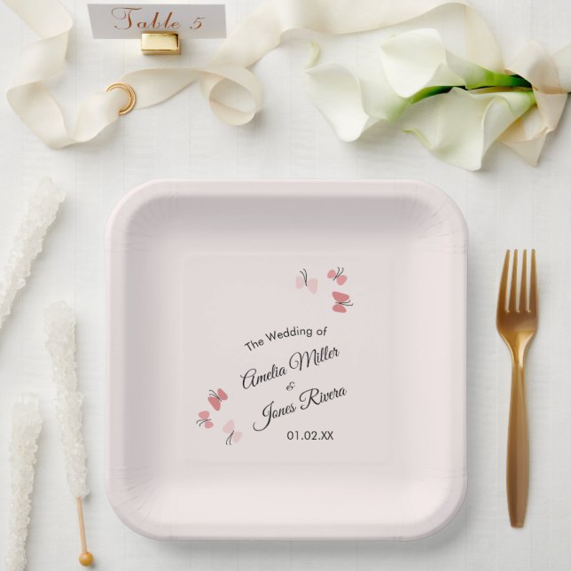 Plato De Papel Jardín de Mariposas Rosadas Romántico Simple Boda  (Boda)