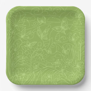 Plato De Papel Jardín de mariposas verde