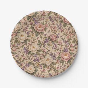 Plato De Papel Jardín de rosas botánicas vintage y patrón de mari