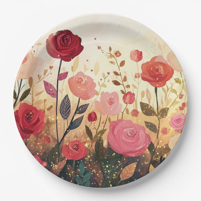Plato De Papel Jardín de rosas caprichosas (Anverso)