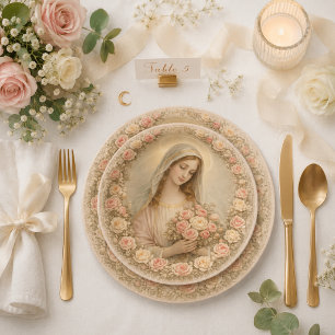 Plato De Papel Jardín de rosas marianas de herencia católica