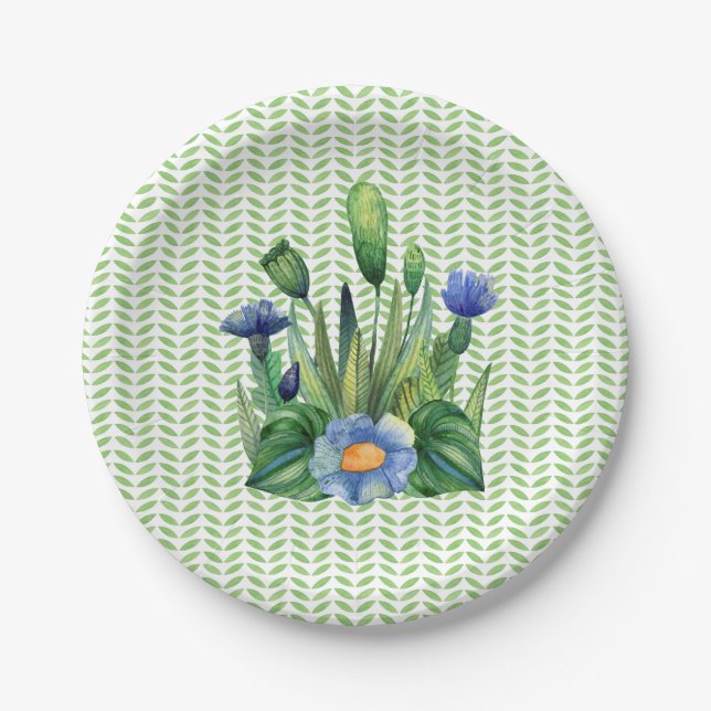 Plato De Papel Jardín Floral Azul Y Verde (Anverso)
