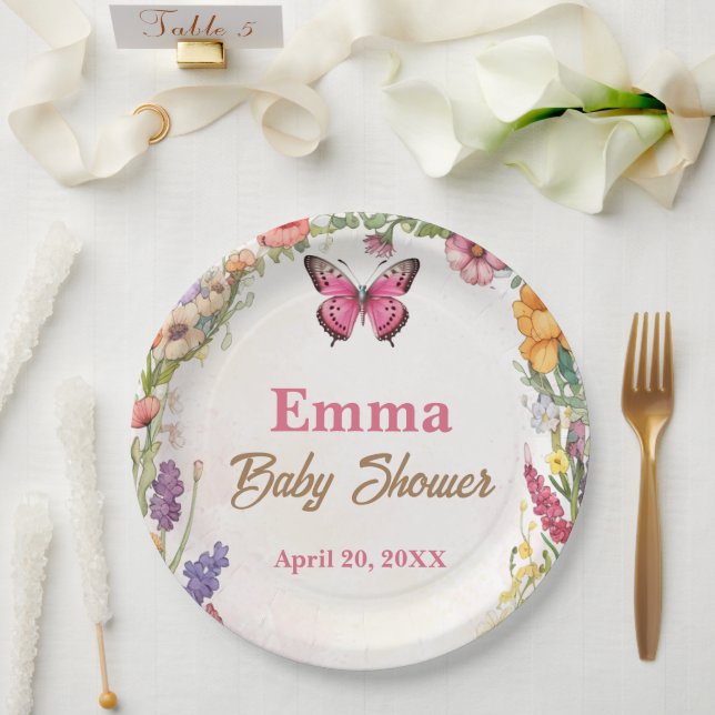 Plato De Papel Jardín floral Baby Shower de mariposa rosa (Boda)