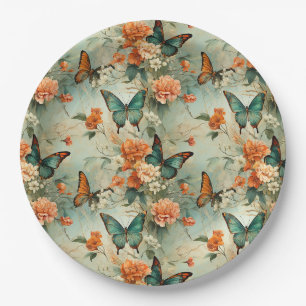 Plato De Papel Jardín floral de mariposa azul verdoso vintage