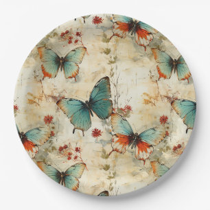 Plato De Papel Jardín Floral de Mariposas Turquesa Soñador Cottag