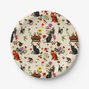Plato De Papel Jardín floral de pájaros negros Naranja Vintage