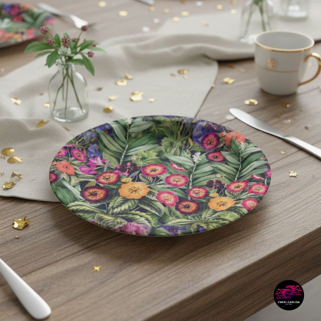 Plato De Papel Jardín Floral Rosa Isla (Tropical florals take the plate, bold color and detail front and center the moment it lands.)